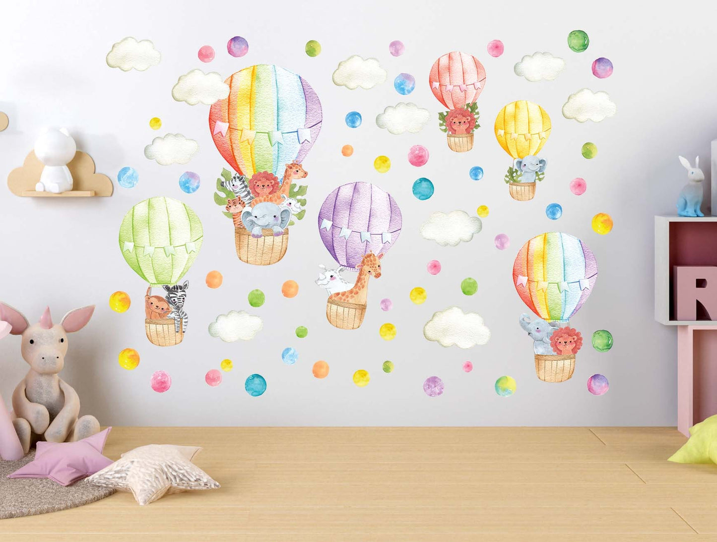 Rainbow Hot Air Balloons Wall Decals Safari Animals Cloud polka Dot Lion Elephant Zebra Tiger Giraffe, LF410