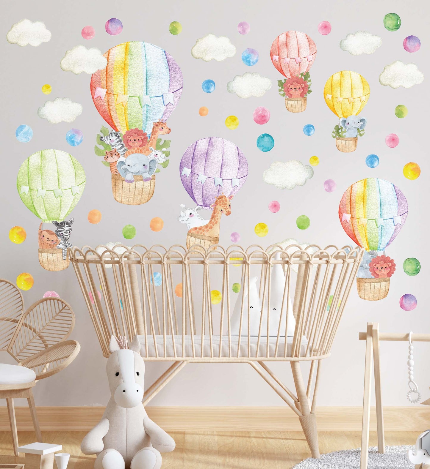 Rainbow Hot Air Balloons Wall Decals Safari Animals Cloud polka Dot Lion Elephant Zebra Tiger Giraffe, LF410