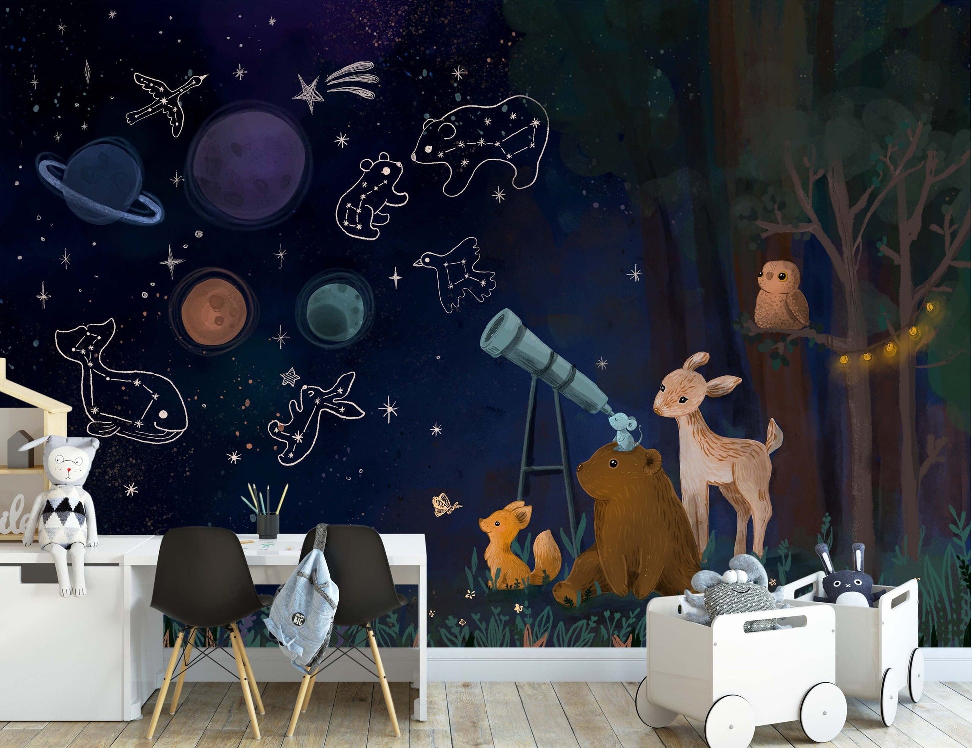 Constellation Wallpaper Cosmos Decals Forest Animals Astronomy Nursery Art Star Night Sky Bear Fox Deer Mouse Owl