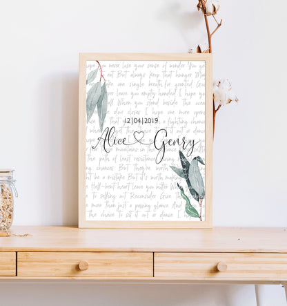 Print Gift Wedding Song Vows Lyrics Poster Anniversary Personalized Custom Names with Green Leaves, LF423