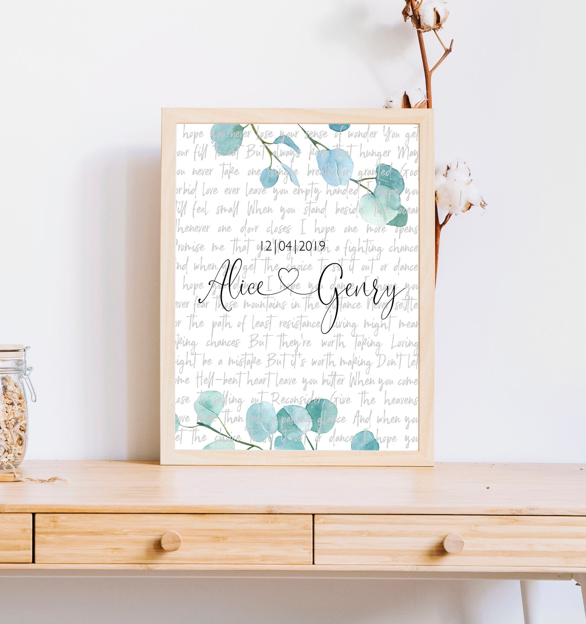 Print Gift Wedding Song Greenery Vows Lyrics Poster Anniversary Personalized Custom Names, LF424