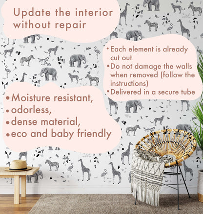 Safari Animals Stickers Terrazzo Wall Decals Gray Color Jungle Decor, LF436