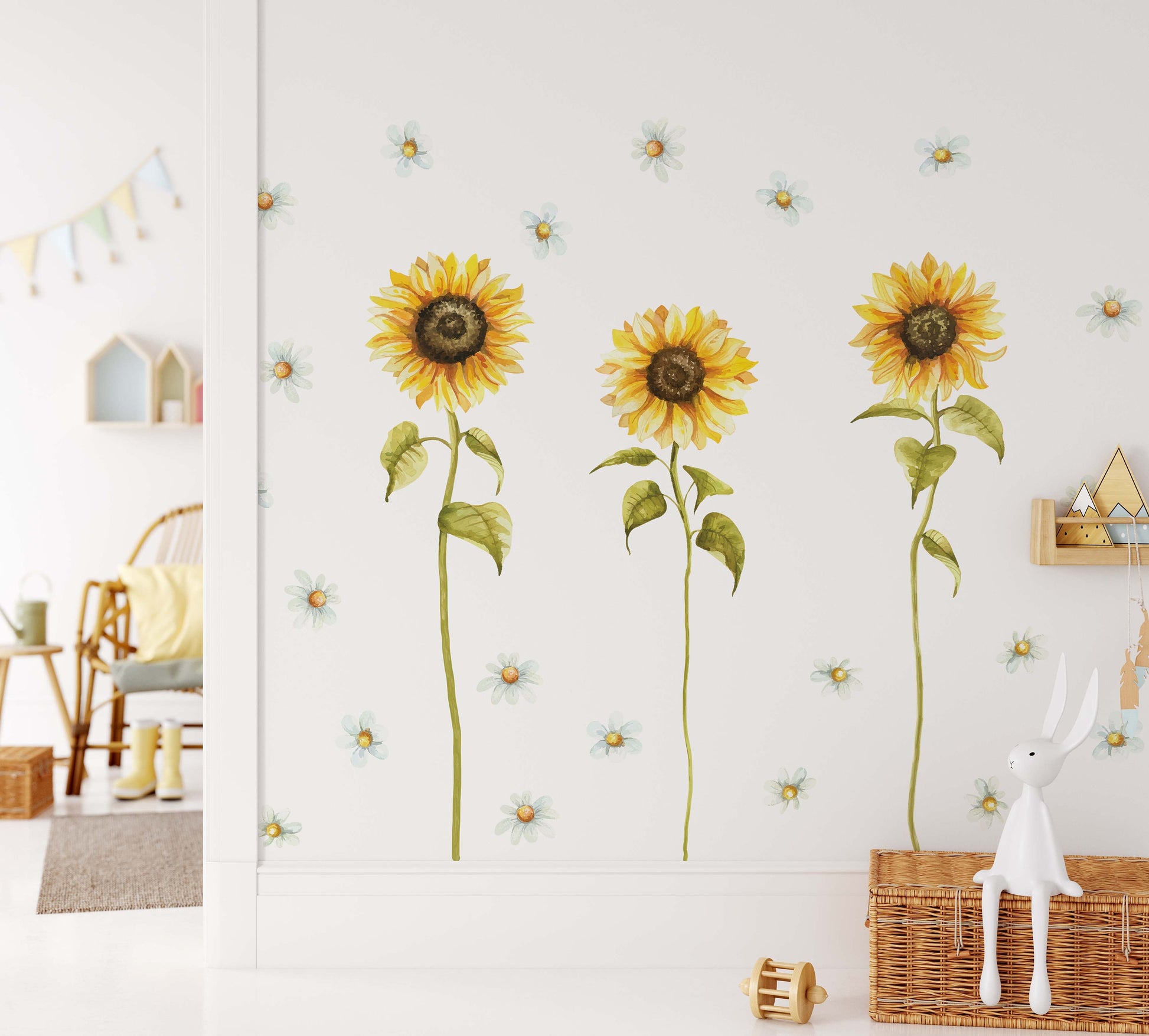 Tall Sunflower Daisy Greenery Wall Decals Yellow Flowers Nursery Room Decor Chamomile Stickers, LF442