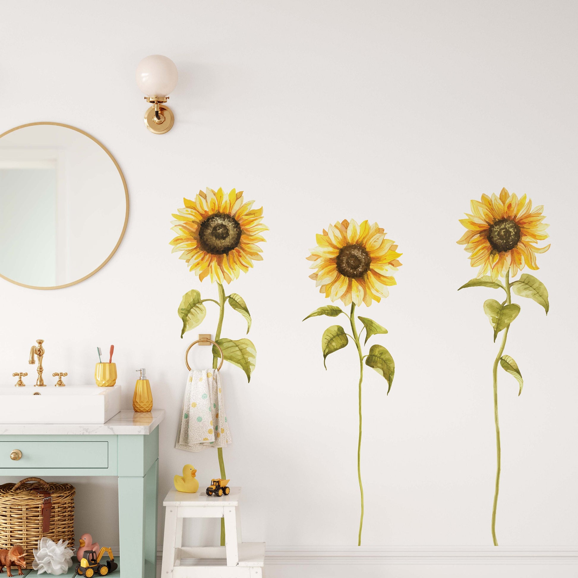 Tall Sunflower Daisy Greenery Wall Decals Yellow Flowers Nursery Room Decor Chamomile Stickers, LF442