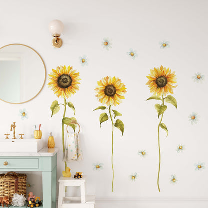 Tall Sunflower Daisy Greenery Wall Decals Yellow Flowers Nursery Room Decor Chamomile Stickers, LF442