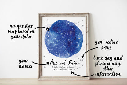 Custom Star Map Blue Print Sky Name Poster Valentine's Day Gift Anniversary First Date, LF435