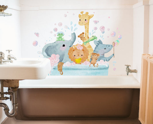 Safari Animals Bathroom Wall Decals Elephant Lion Giraffe Zebra Monkey Frogs Kids Stickers, LF452