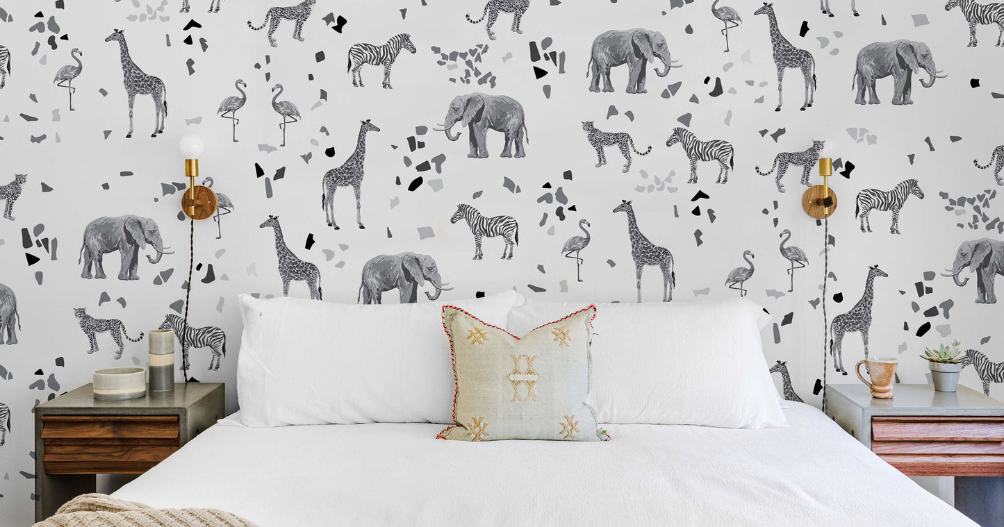 Safari Animals Stickers Terrazzo Wall Decals Gray Color Jungle Decor, LF436