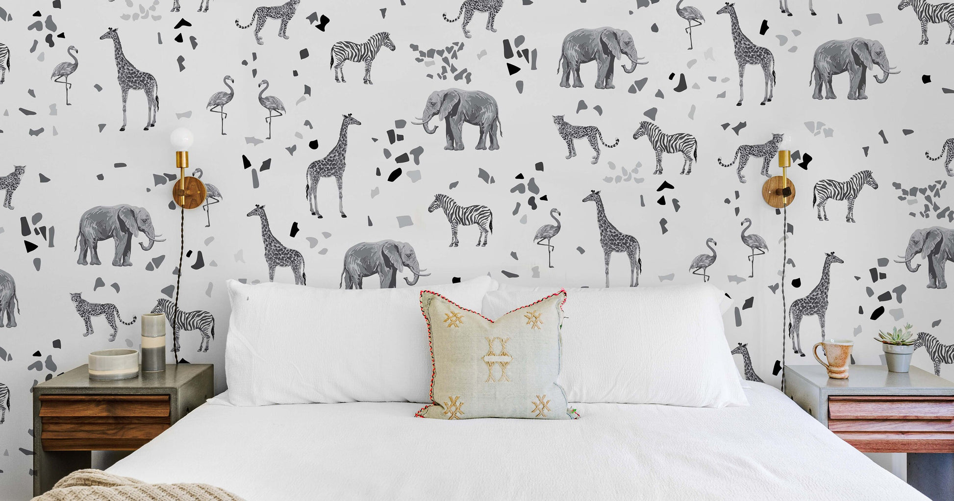 Safari Animals Stickers Terrazzo Wall Decals Gray Color Jungle Decor, LF436