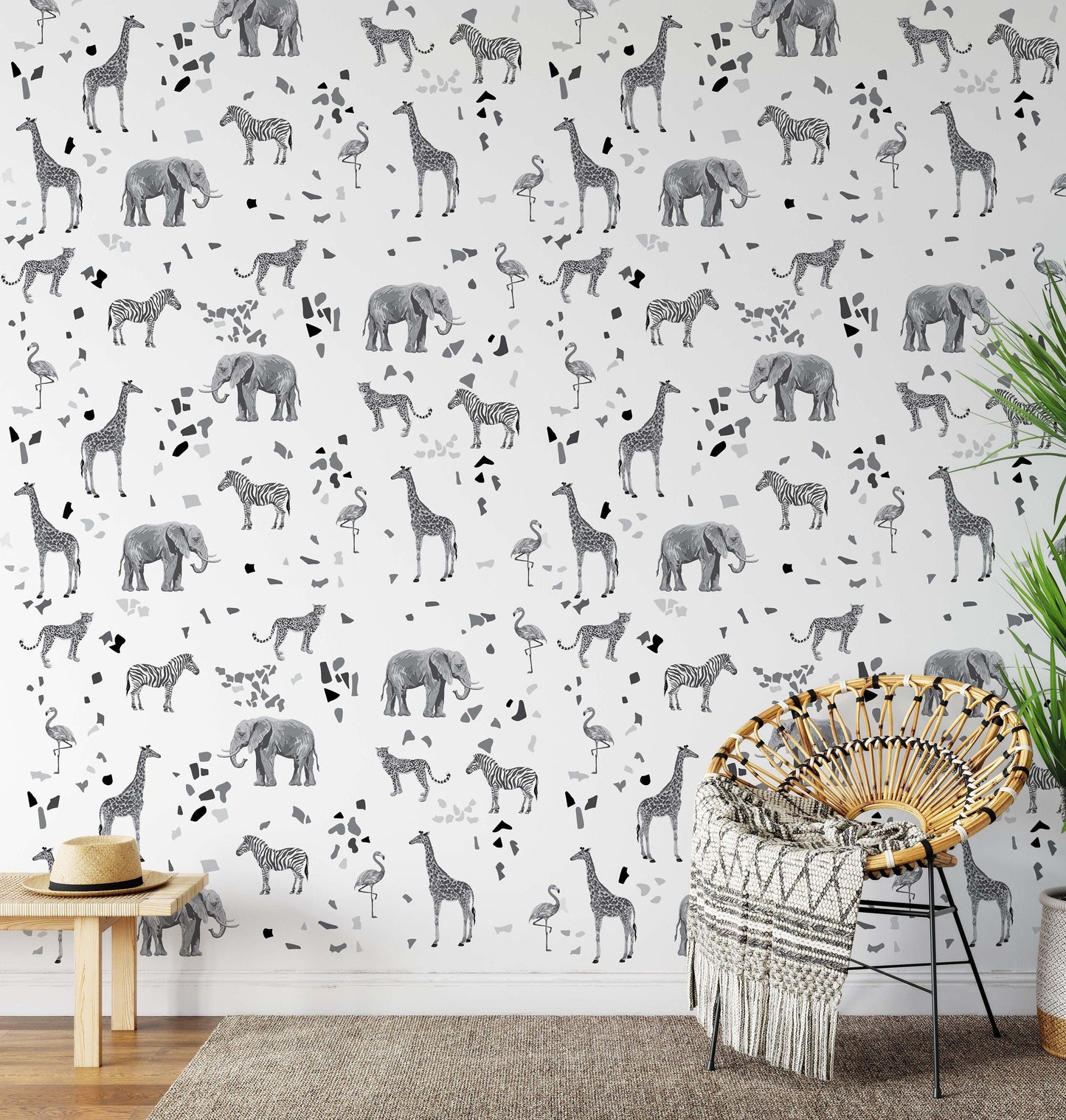 Safari Animals Stickers Terrazzo Wall Decals Gray Color Jungle Decor, LF436