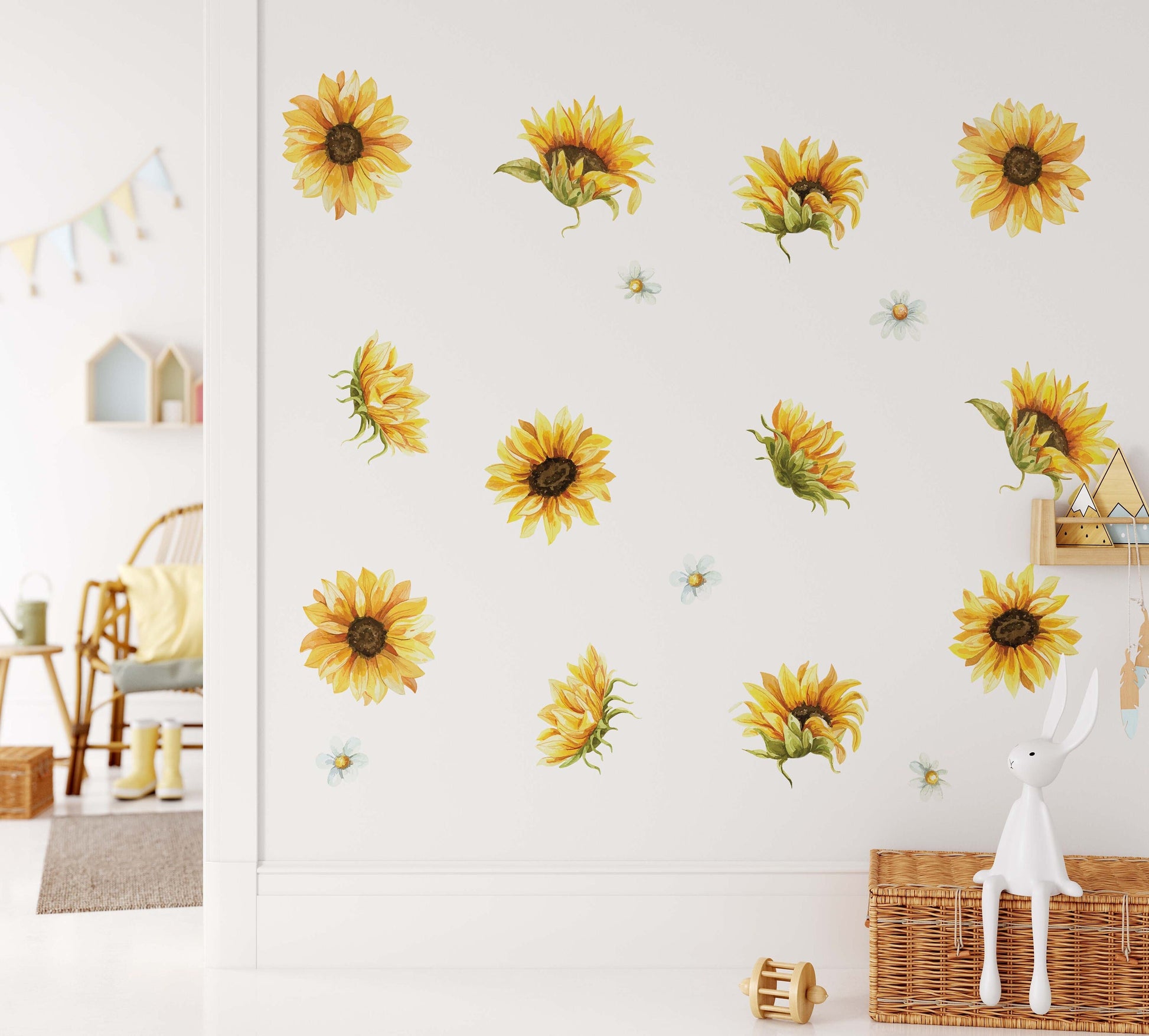 Sunflower Daisy Wall Decals Yellow Flowers Nursery Room Decor Chamomile Stickers, LF440