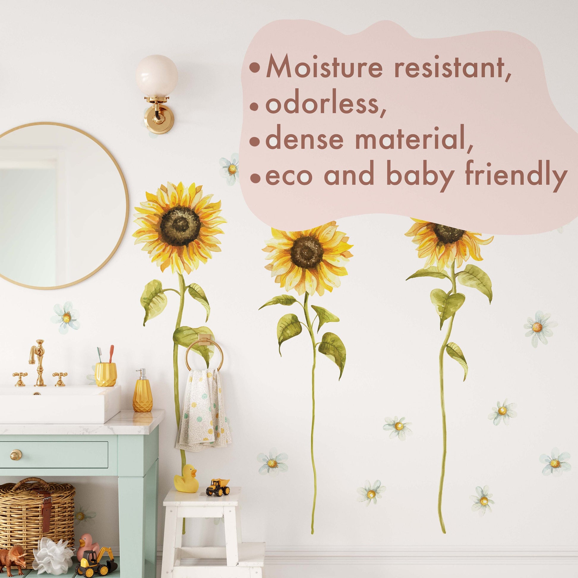 Tall Sunflower Daisy Greenery Wall Decals Yellow Flowers Nursery Room Decor Chamomile Stickers, LF442