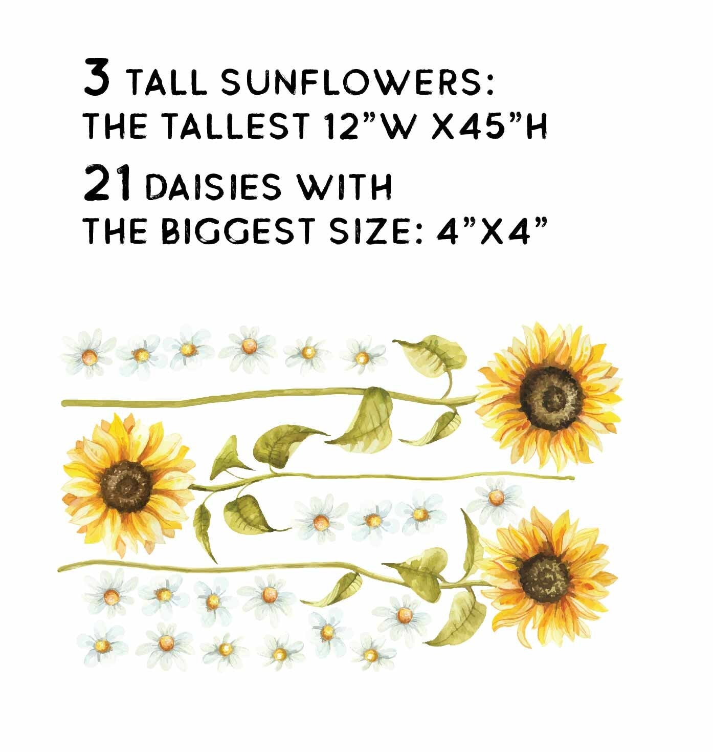 Tall Sunflower Daisy Greenery Wall Decals Yellow Flowers Nursery Room Decor Chamomile Stickers, LF442