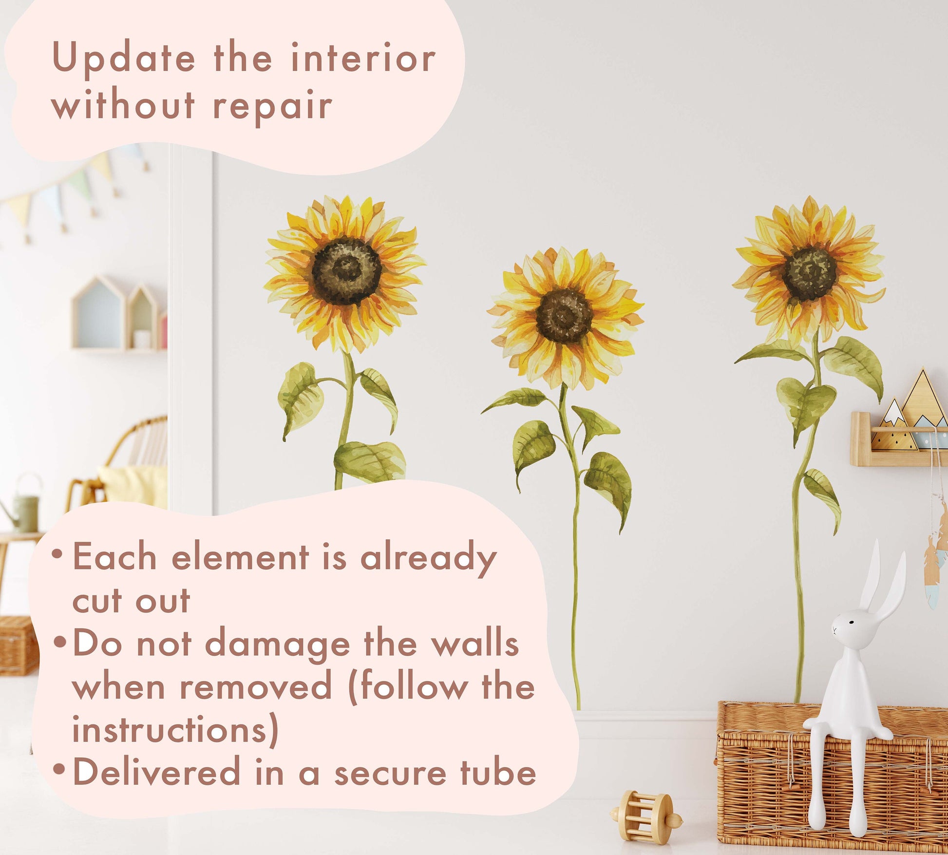 Tall Sunflower Daisy Greenery Wall Decals Yellow Flowers Nursery Room Decor Chamomile Stickers, LF442