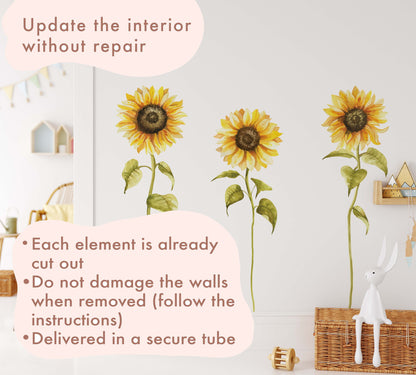 Tall Sunflower Daisy Greenery Wall Decals Yellow Flowers Nursery Room Decor Chamomile Stickers, LF442