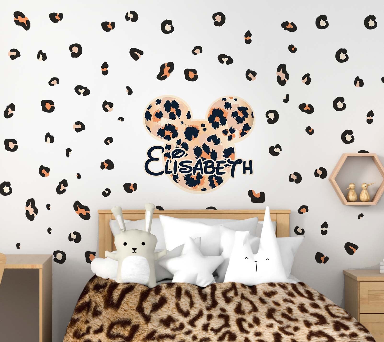 Custom Name Leopard Spots Mickey Head Wall Decal Nursery Stickers, LF447