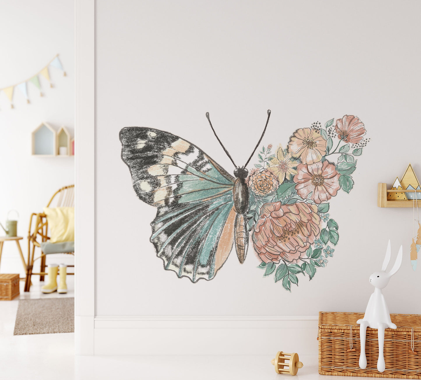 Flower Butterfly Wall Decal Stickers Watercolor Nursery Dorm room Decor, LF448