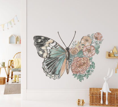 Flower Butterfly Wall Decal Stickers Watercolor Nursery Dorm room Decor, LF448