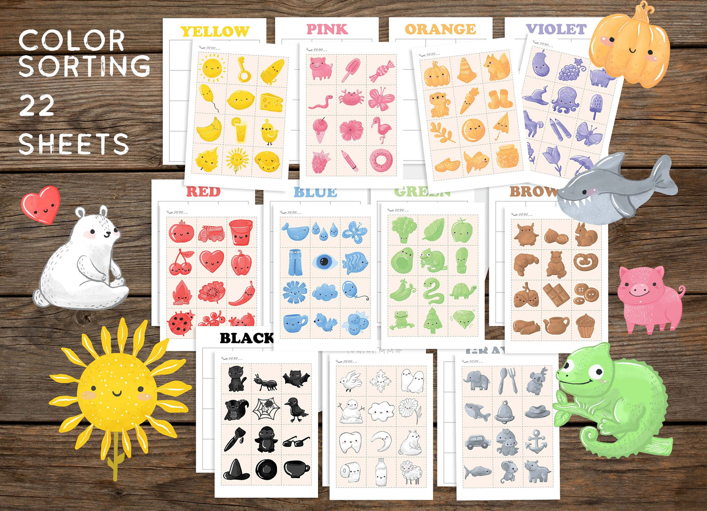 Color Sorting Activity Sheets Matching Game Toddler Homeschool Preschool Printable Montessori Materials, DD02