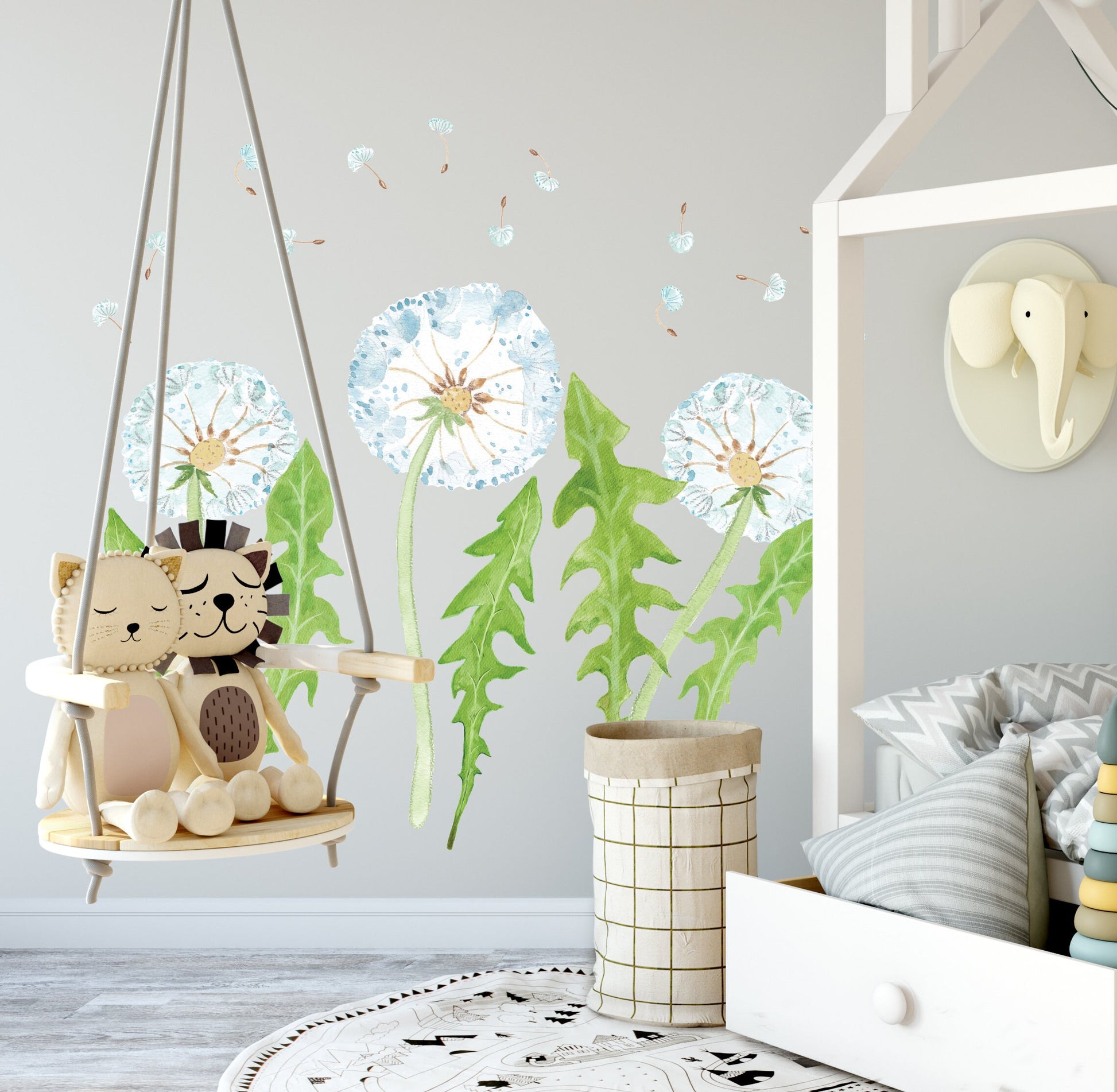 Dandelions Large Green Leaves Flying Seeds Nursery Wall Decals