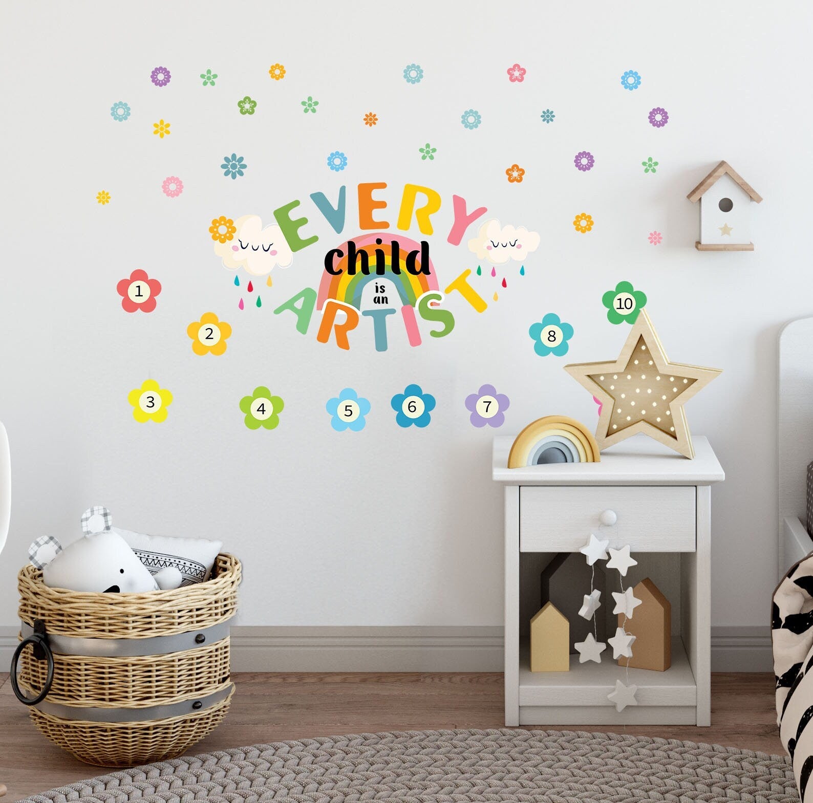 Every Child is an Artist Wall Stickers Flowers Rainbow Clouds Playroom Decor Number 1 - 10 Classroom Kids Art gallery, LF471