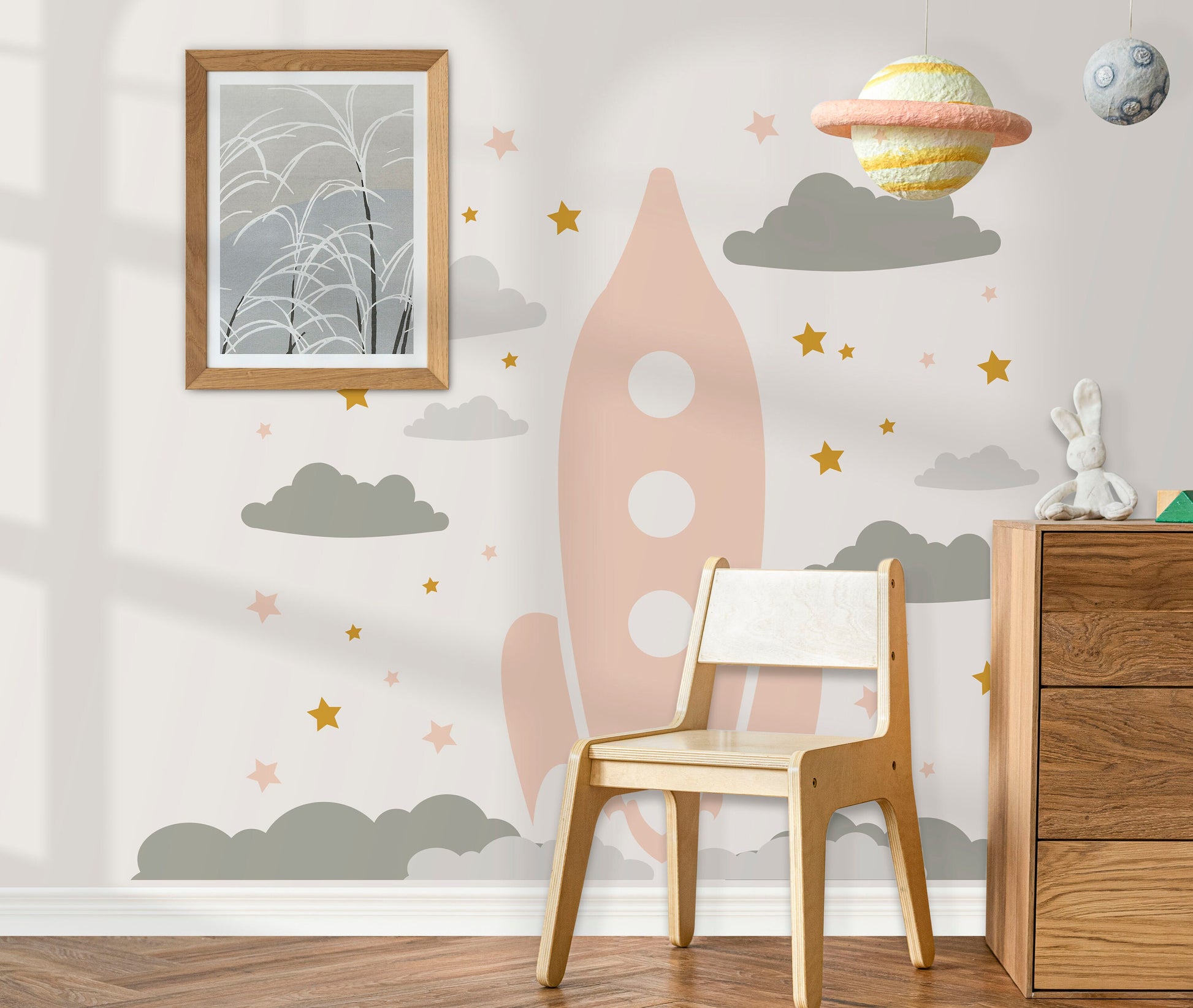 Rocket Wall Decal Space Ship Large Sticker Boy Girl Bedroom Decor Stars Clouds, LF476