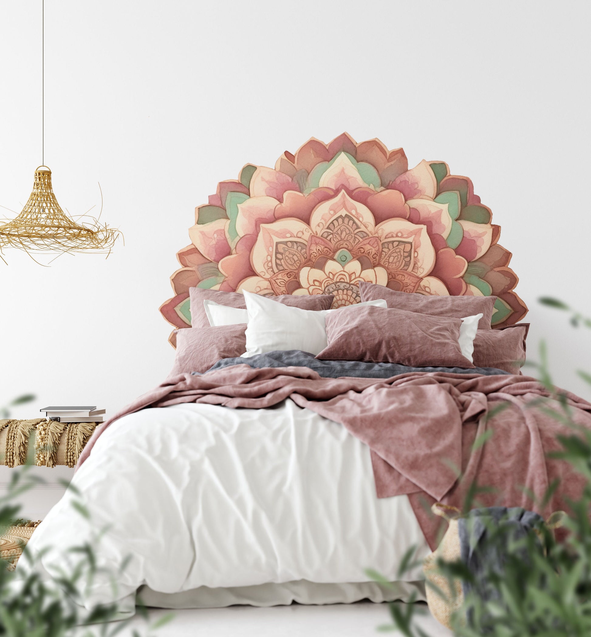 Headboard Mandala Vinyl Sticker Wall Decals Half Dome King Queen bed Watercolor Retro Vintage Style, LF467