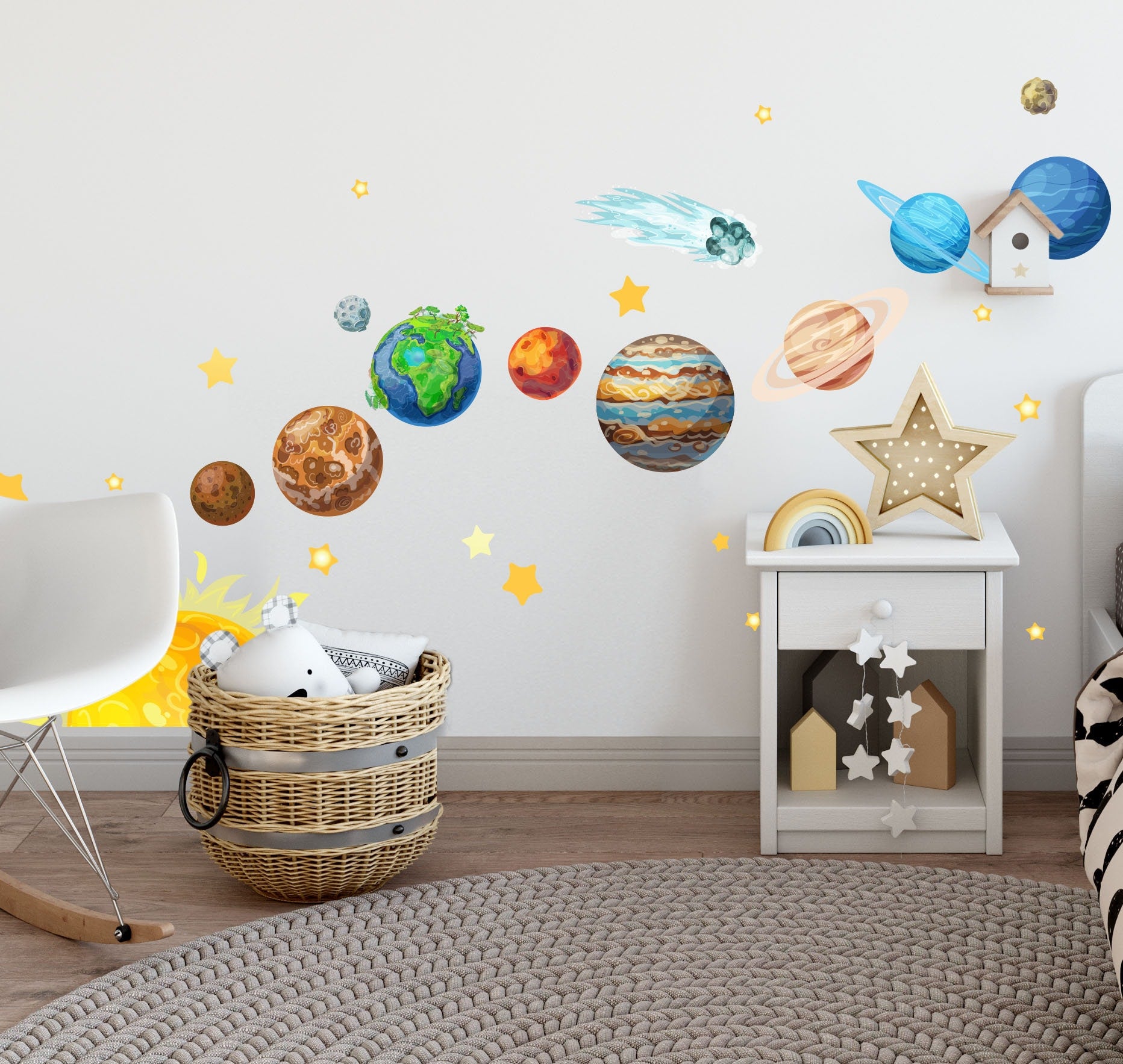 Sun Planets Wall Decals Space Stickers Solar System Kids Room Decor Classroom Stars Comet, LF479