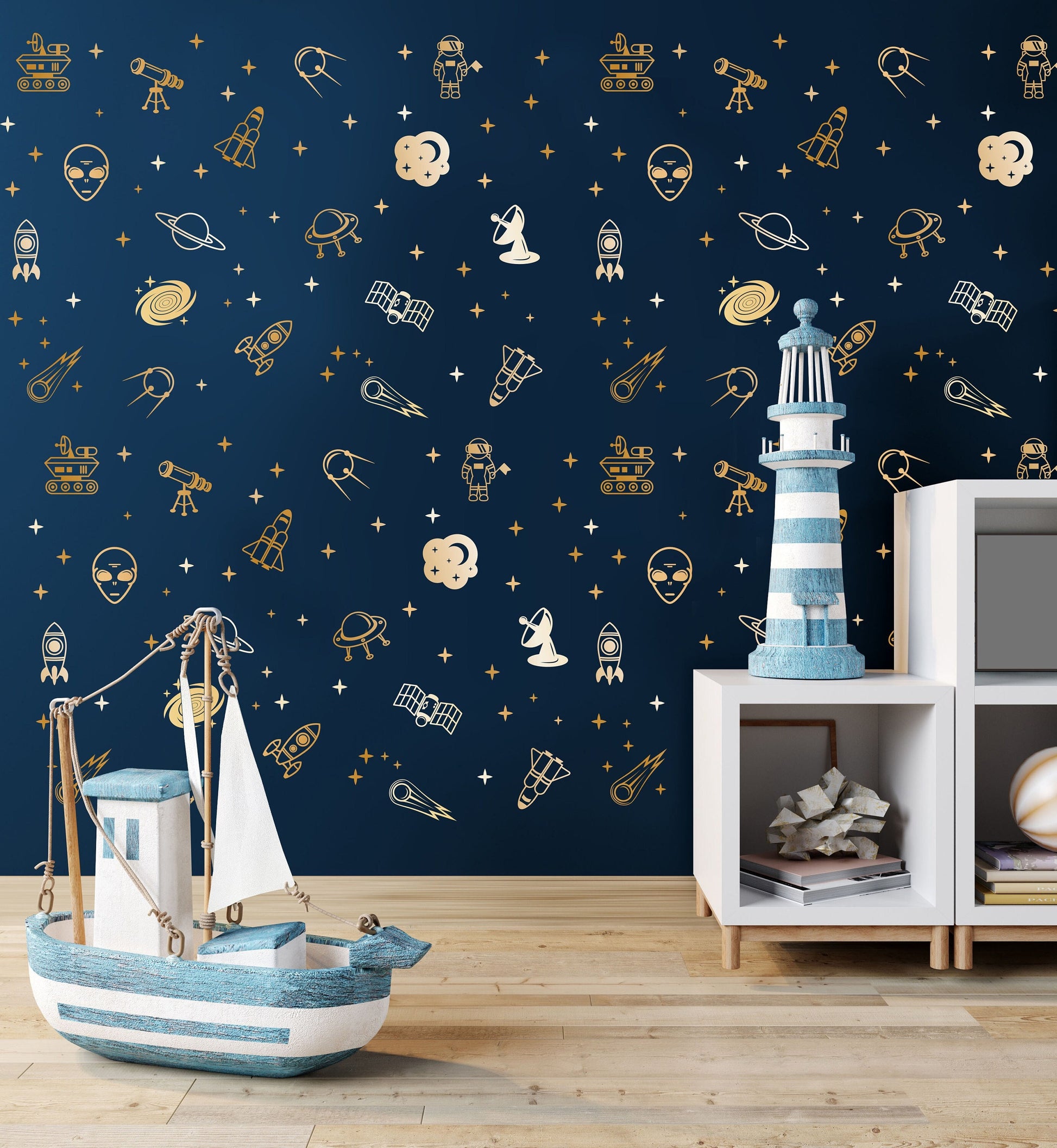 Outer Space Wall Decals Astronaut Stickers Planet Decor Moon Stars Cosmos Boys Girls Play Room nursery kids, LF483