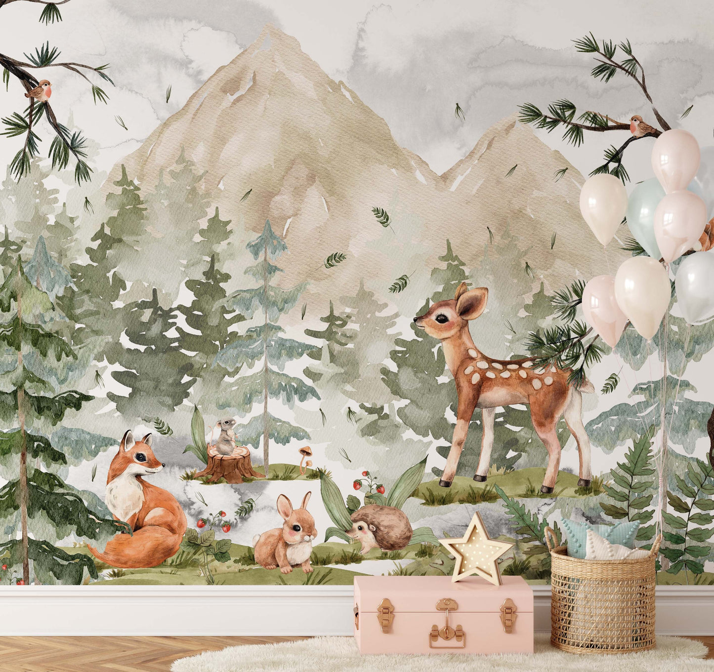 Forest Woodland Wall Decals Watercolor Pine Tree Stickers Nursery Mural Animals fox deer rabbit hedgehog mouse Natural Playroom Class, WL012