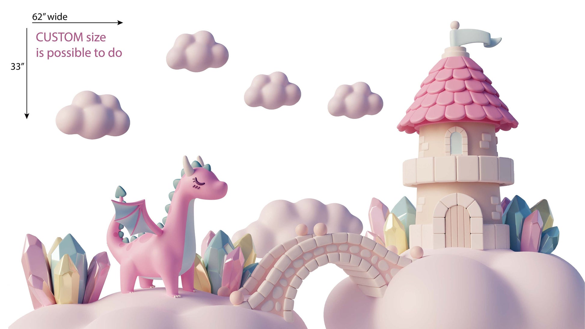 Pink Dragon Wall Stickers Castle Fairy tale Clouds Decals Girl's Nursery Playroom Wall Decor, LF469