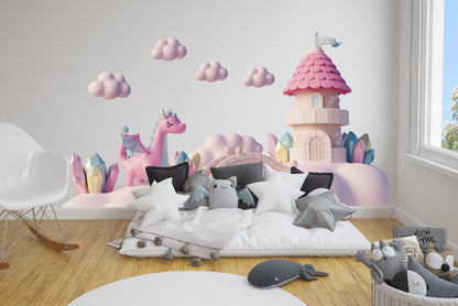 Pink Dragon Wall Stickers Castle Fairy tale Clouds Decals Girl's Nursery Playroom Wall Decor, LF469