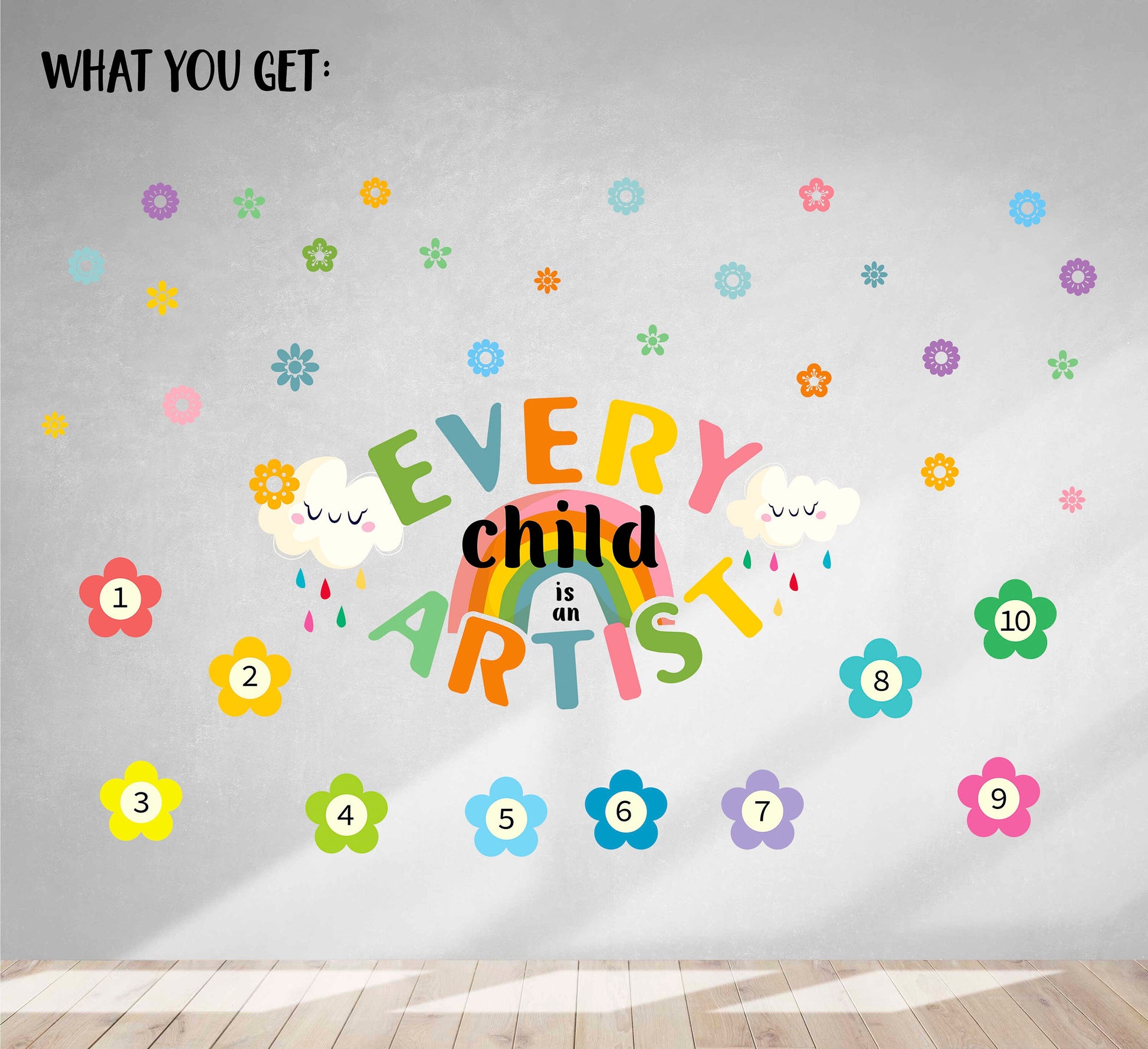 Every Child is an Artist Wall Stickers Flowers Rainbow Clouds Playroom Decor Number 1 - 10 Classroom Kids Art gallery, LF471