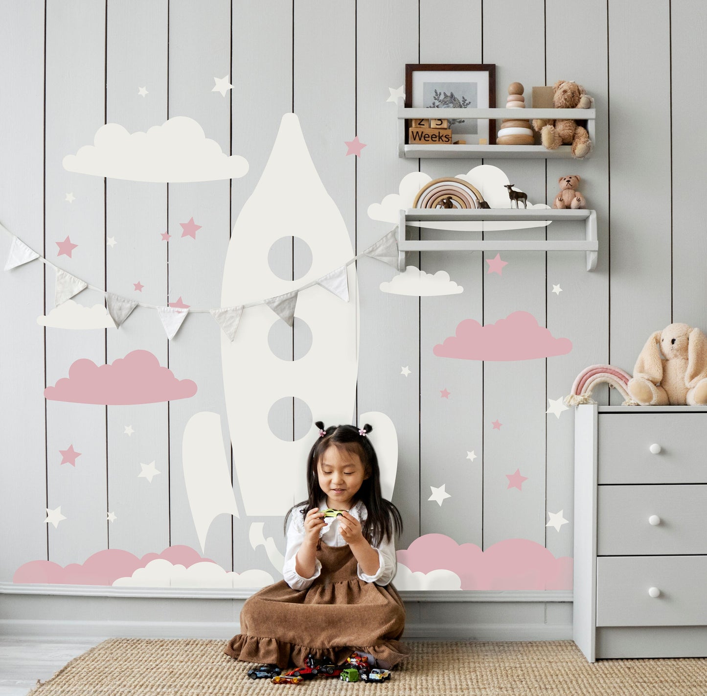 Rocket Wall Decal Space Ship Large Sticker Boy Girl Bedroom Decor Stars Clouds, LF476