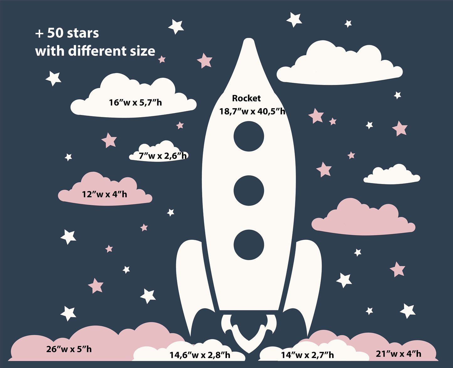 Rocket Wall Decal Space Ship Large Sticker Boy Girl Bedroom Decor Stars Clouds, LF476