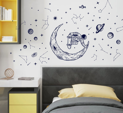 Astronaut Skateboard Wall Decals Space Wall Stickers Moon Planet Stars Boys Girls Play Room nursery kids, LF481