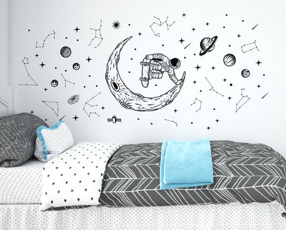 Astronaut Skateboard Wall Decals Space Wall Stickers Moon Planet Stars Boys Girls Play Room nursery kids, LF481