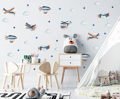 Airplane Wall Stickers Helicopter Decals Clouds Stars Nursery Decor Boys room Blue Playroom, LF496