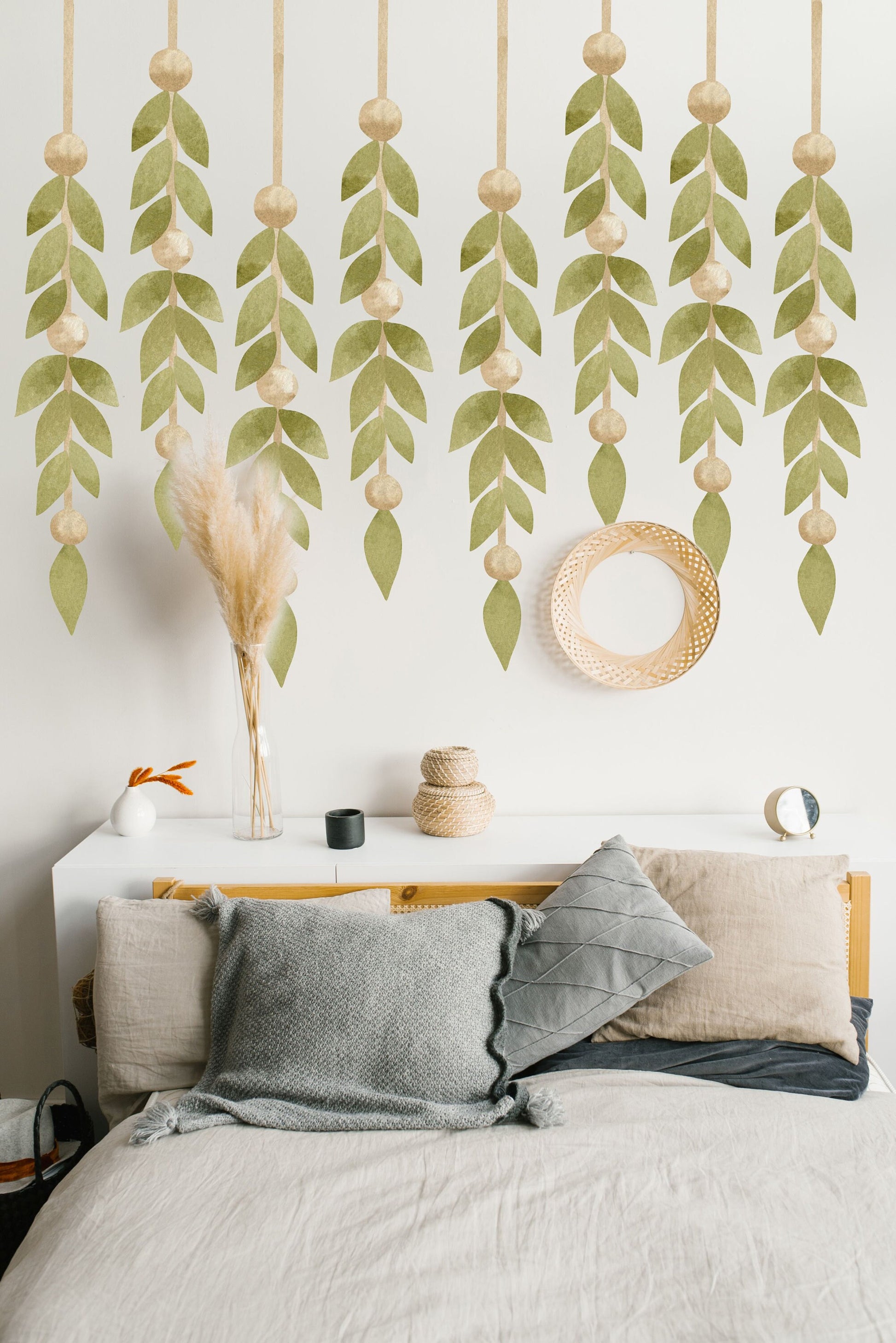 Greenery Wall Decals Watercolor hanging stems Sticker Green Boho Nursery Stars Leaves Room Decoration Large Leaf, LF500