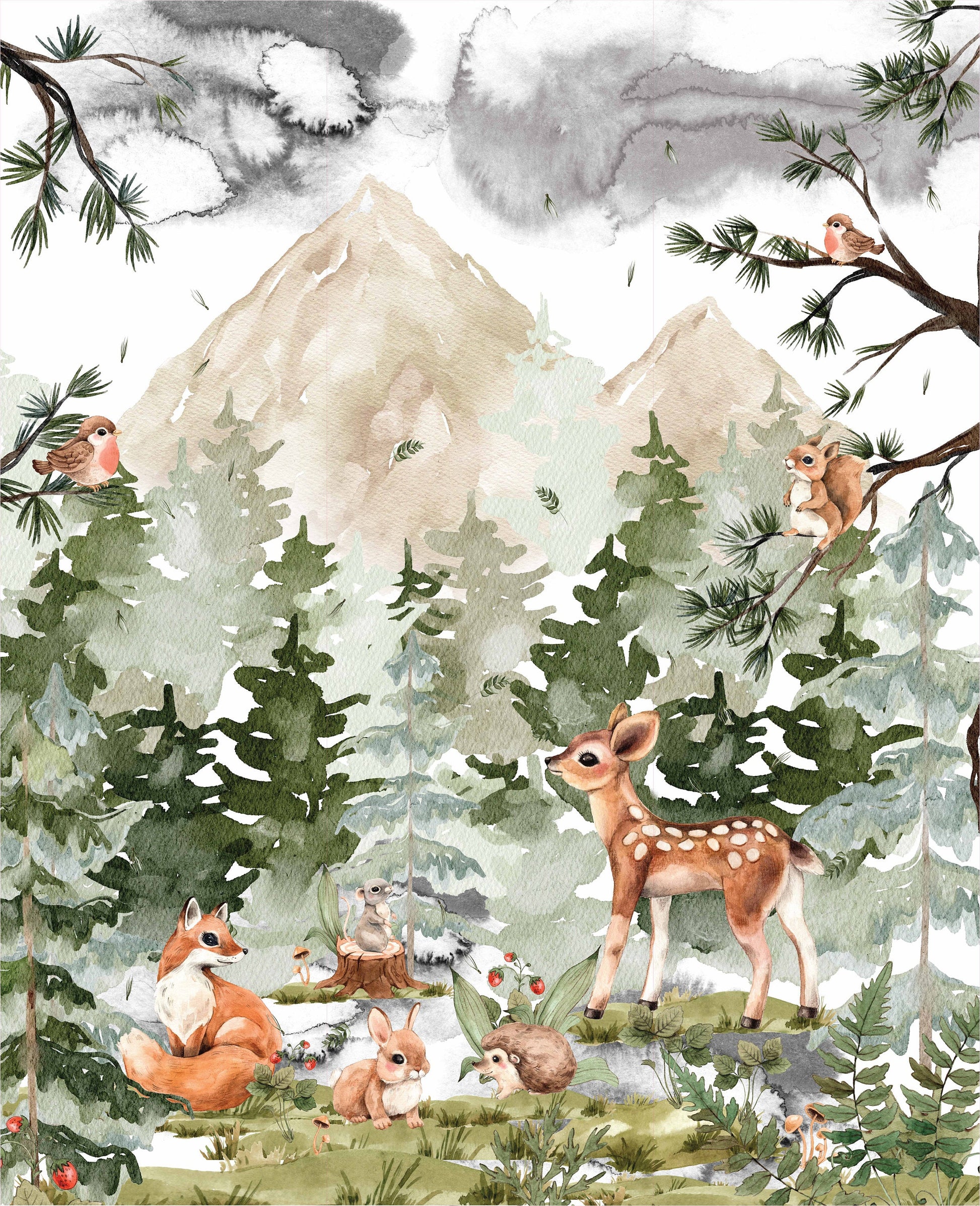 Forest Woodland Wall Decals Watercolor Pine Tree Stickers Nursery Mural Animals fox deer rabbit hedgehog mouse Natural Playroom Class, WL012