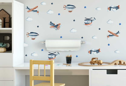 Airplane Wall Stickers Helicopter Decals Clouds Stars Nursery Decor Boys room Blue Playroom, LF496