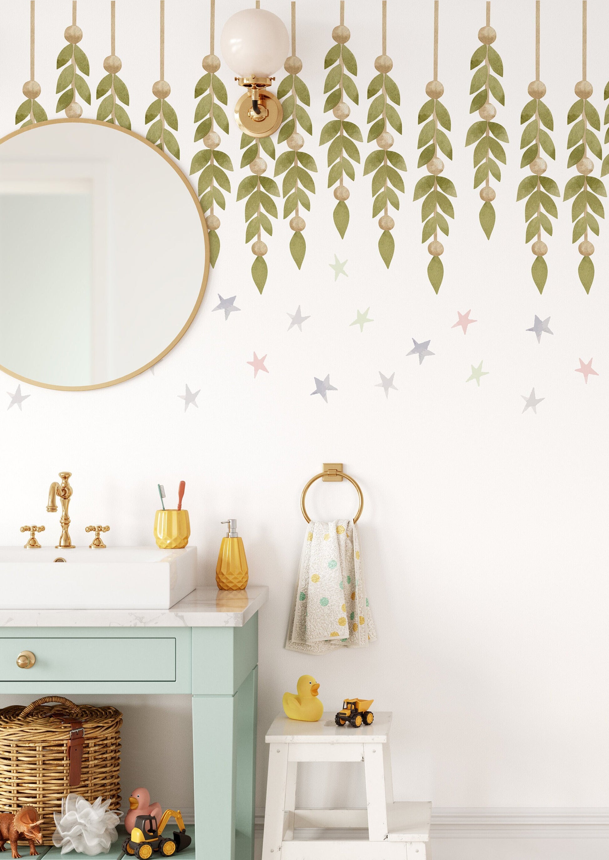 Greenery Wall Decals Watercolor hanging stems Sticker Green Boho Nursery Stars Leaves Room Decoration Large Leaf, LF500