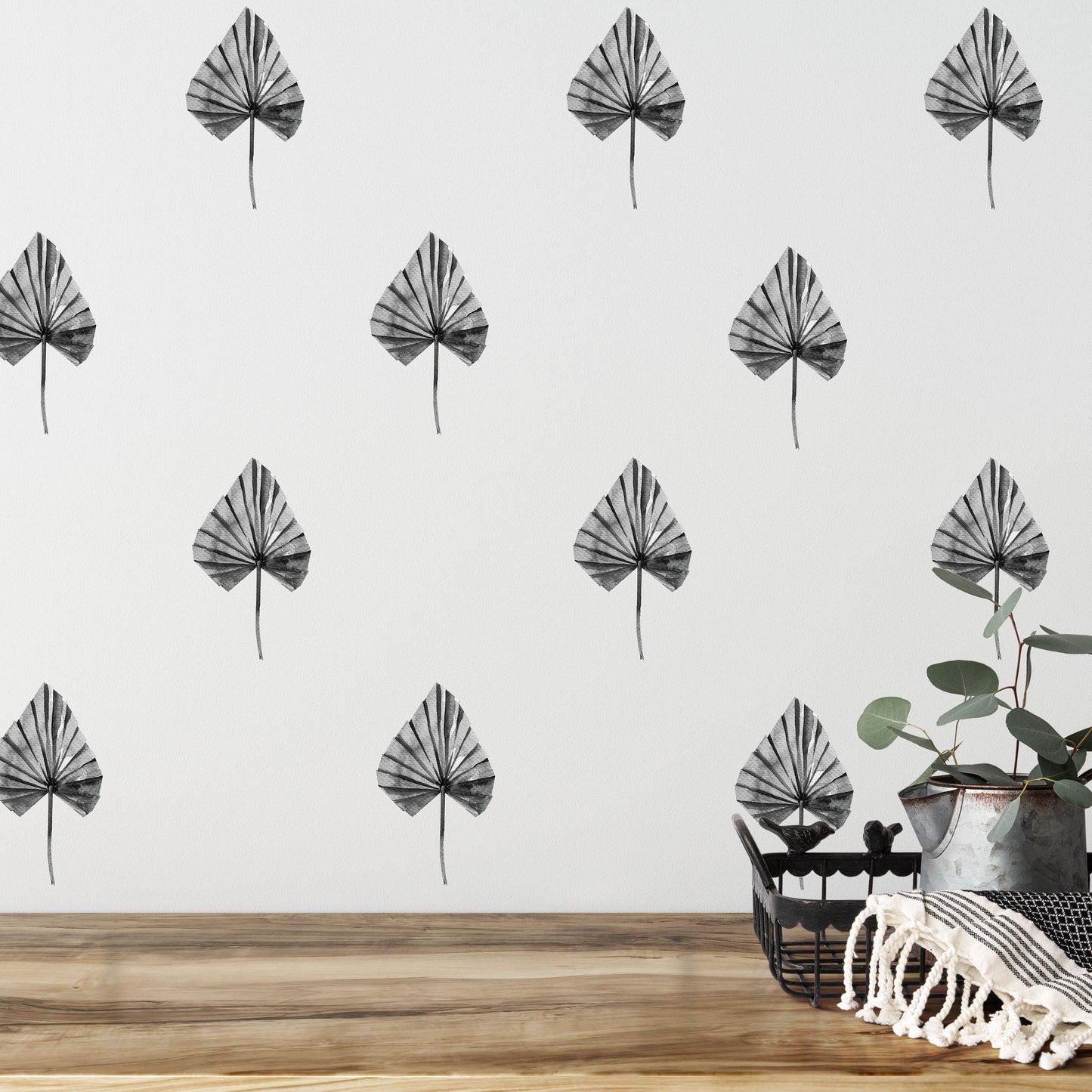 Palm Tree Leaves Wall Stickers Banana Leaf Decals Greenery Minimalism Scandi Boho Industrial Gray Black and White Room Decor, LF503