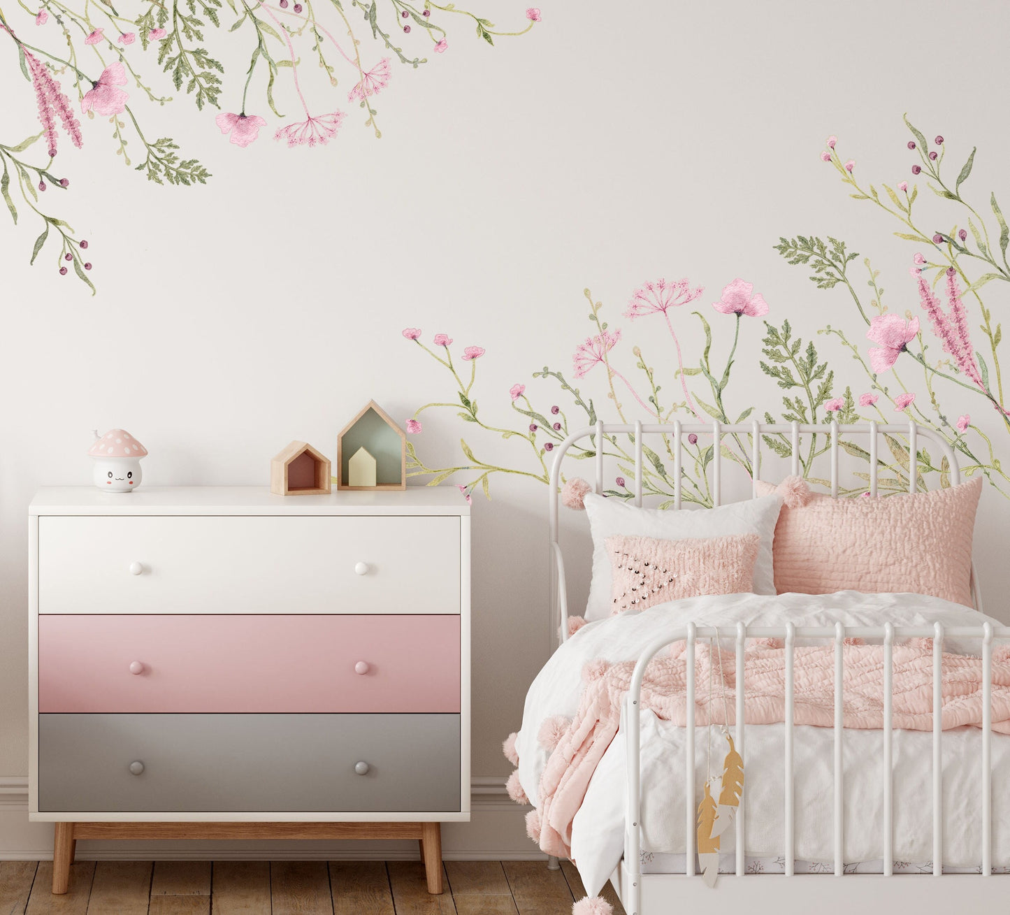 Watercolor Flowers Wall Stickers Nursery Pink Green Floral Leaves Decals Girls Boho Room , LF528