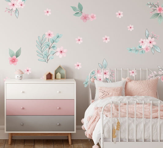 Watercolor Pink Flower Nursery Wall Decals Greenery Stickers Wild Field Floral Room Nature Decoration, LF531