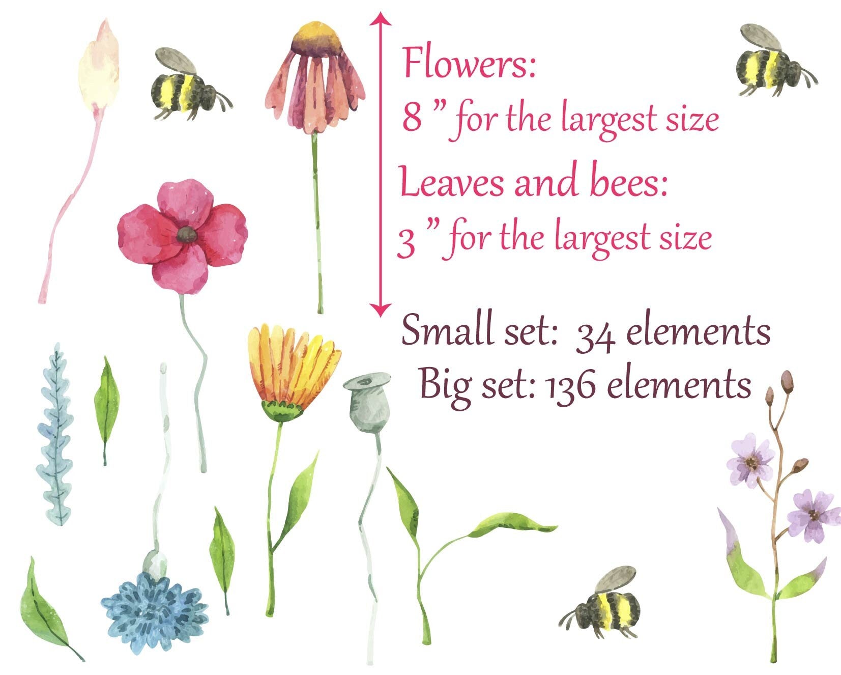 Watercolor Field Flowers Wall Stickers Nursery Bee Floral Leaves Decals Girls Boho Room , LF534