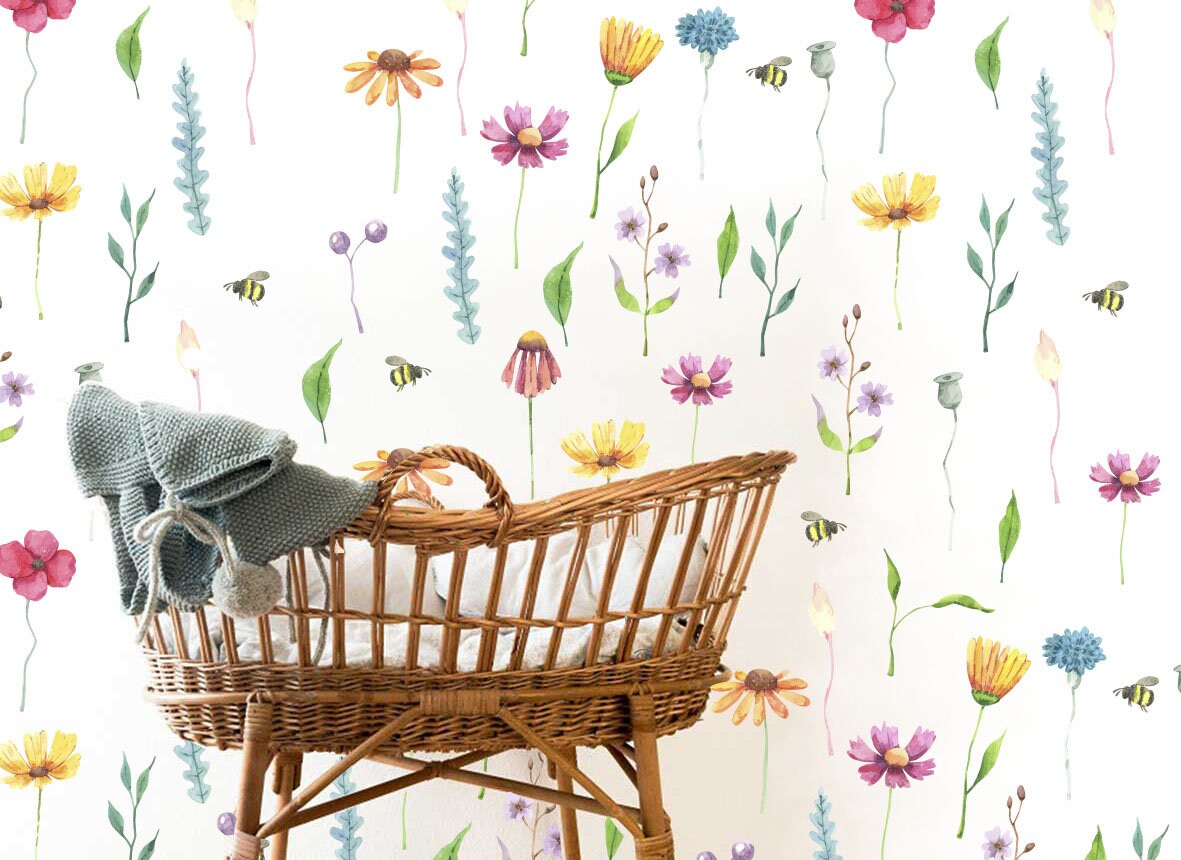 Watercolor Field Flowers Wall Stickers Nursery Bee Floral Leaves Decals Girls Boho Room , LF534