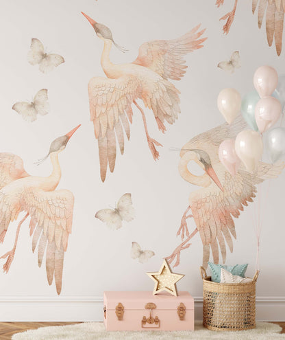 Watercolor Stork Heron Butterfly Wall Stickers Nursery Pink Beige Decals Girls Tender Boho Bathroom , LF524