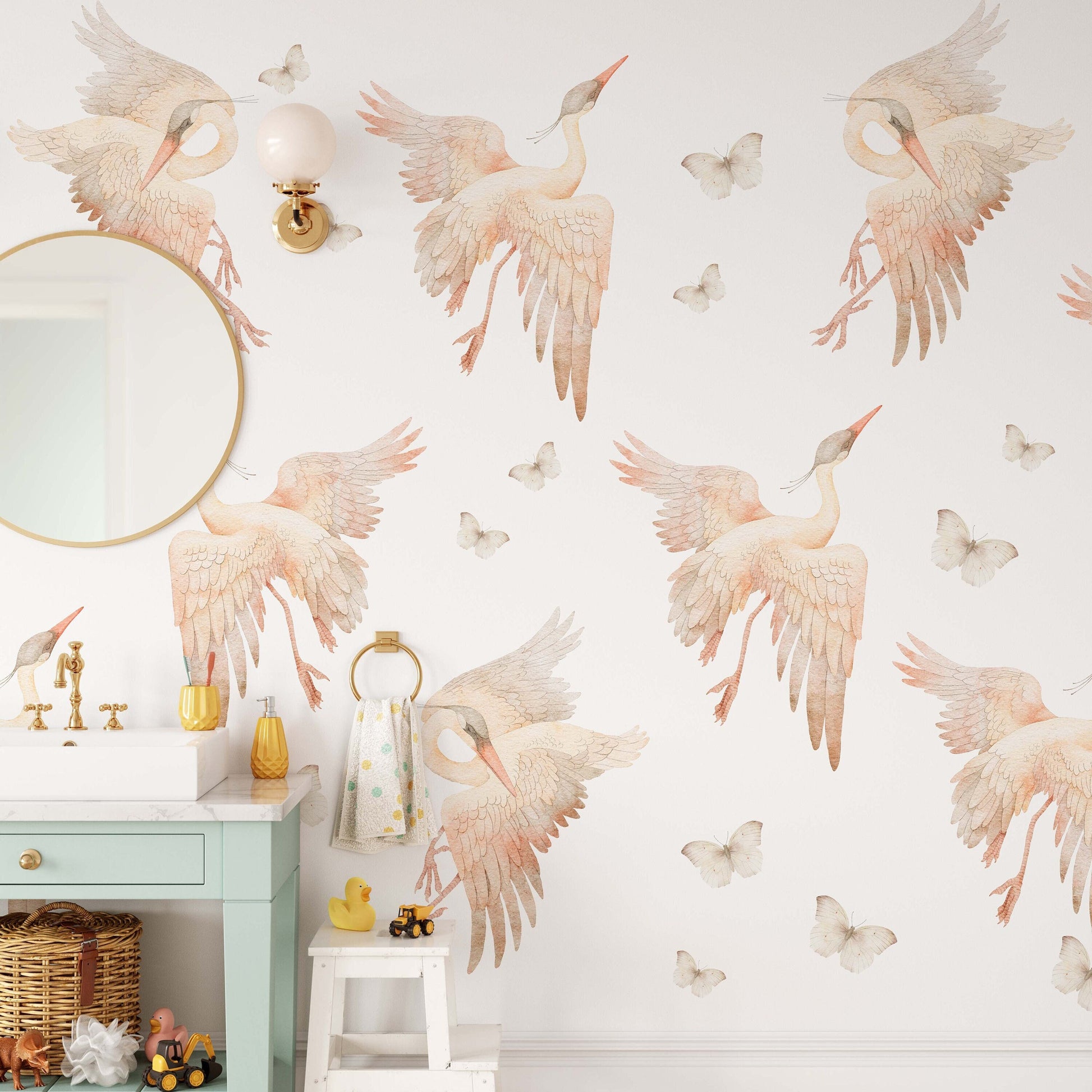 Watercolor Stork Heron Butterfly Wall Stickers Nursery Pink Beige Decals Girls Tender Boho Bathroom , LF524