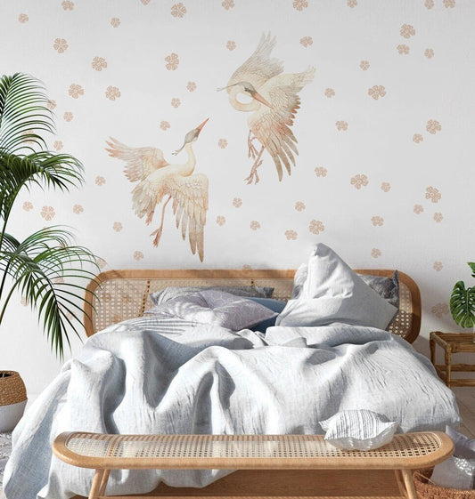 Stork Wall Stickers Heron Butterfly Watercolor Nursery Pink Beige Decals Girls Tender Boho Bathroom , LF537